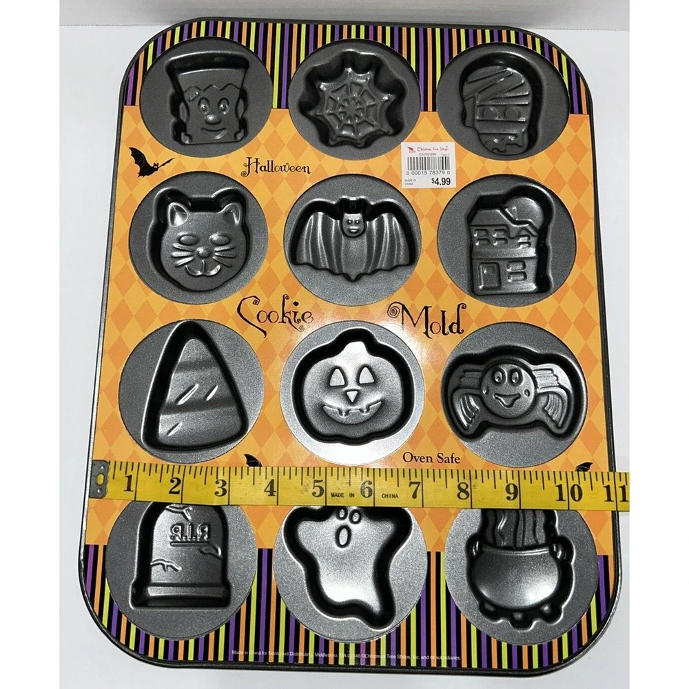 Halloween Cookie Pan 12 Spooky Shapes Ghost Frankenstein Bat‎ Cat Spider New